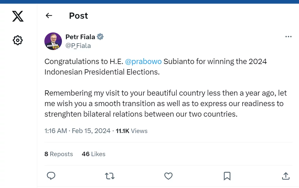 PM Ceko Beri Ucapan Selamat kepada Prabowo Subianto-Gibran Rakabuming Raka, Nyatakan Siap Perkuat Hubungan Bilateral